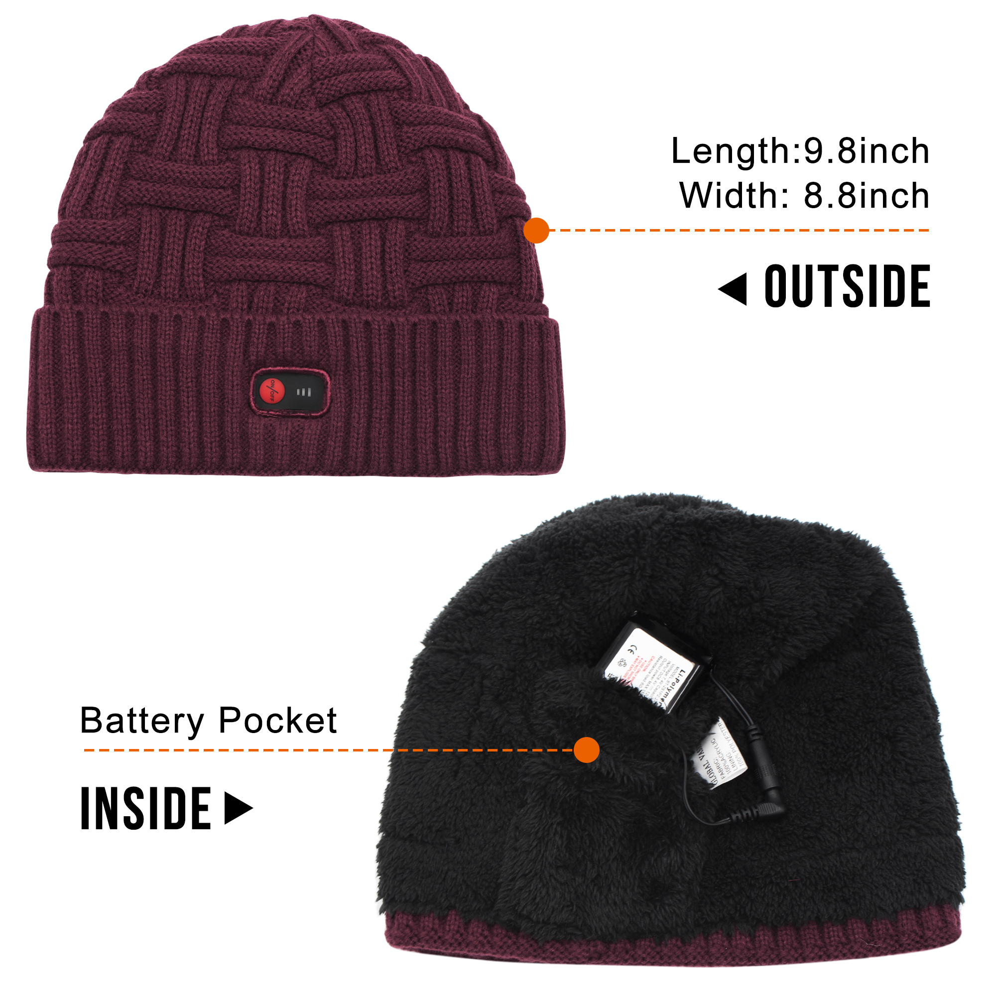 Global Vasion Battery Heated Hat Rechargeable Operated Winter Warming Women Men Heating Warmers Beanie