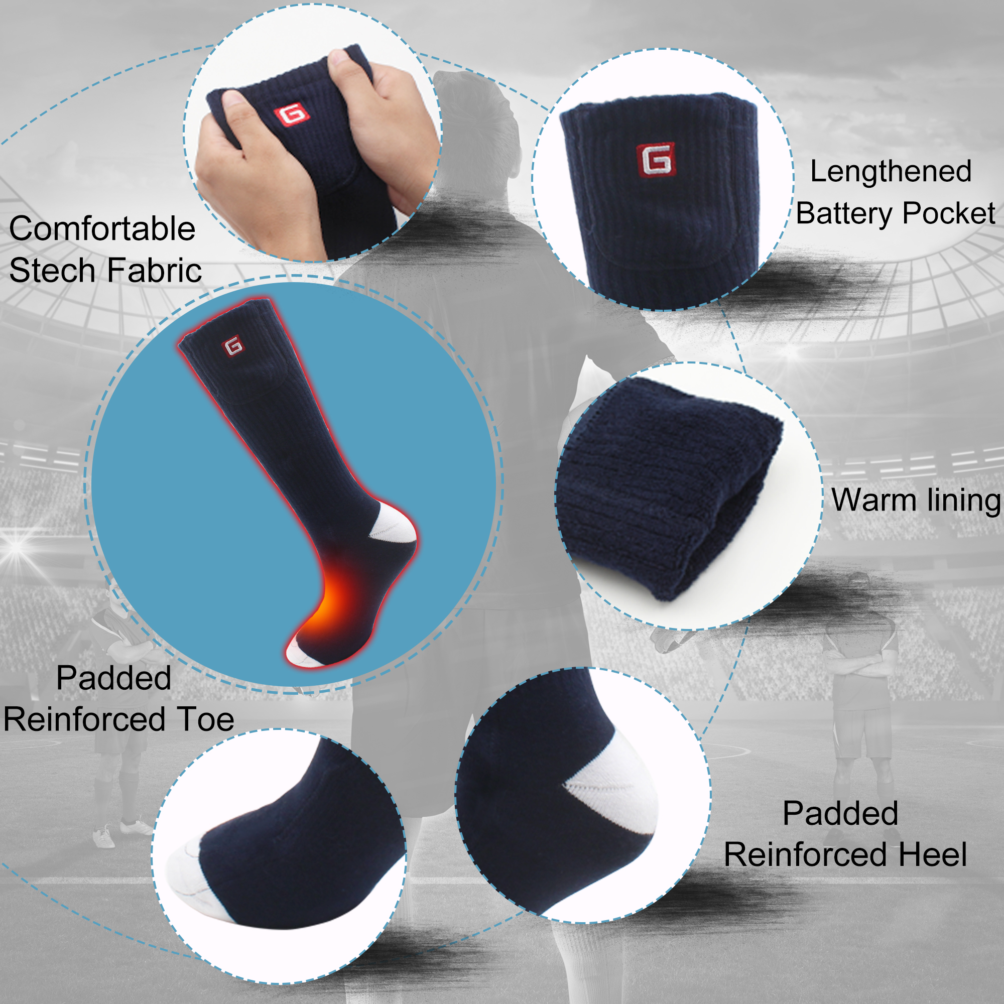 Electric Heated Socks Men, 3.7V Cold Winter Warm Skiing Socks,Rechargeable Battery Heating Socks Women